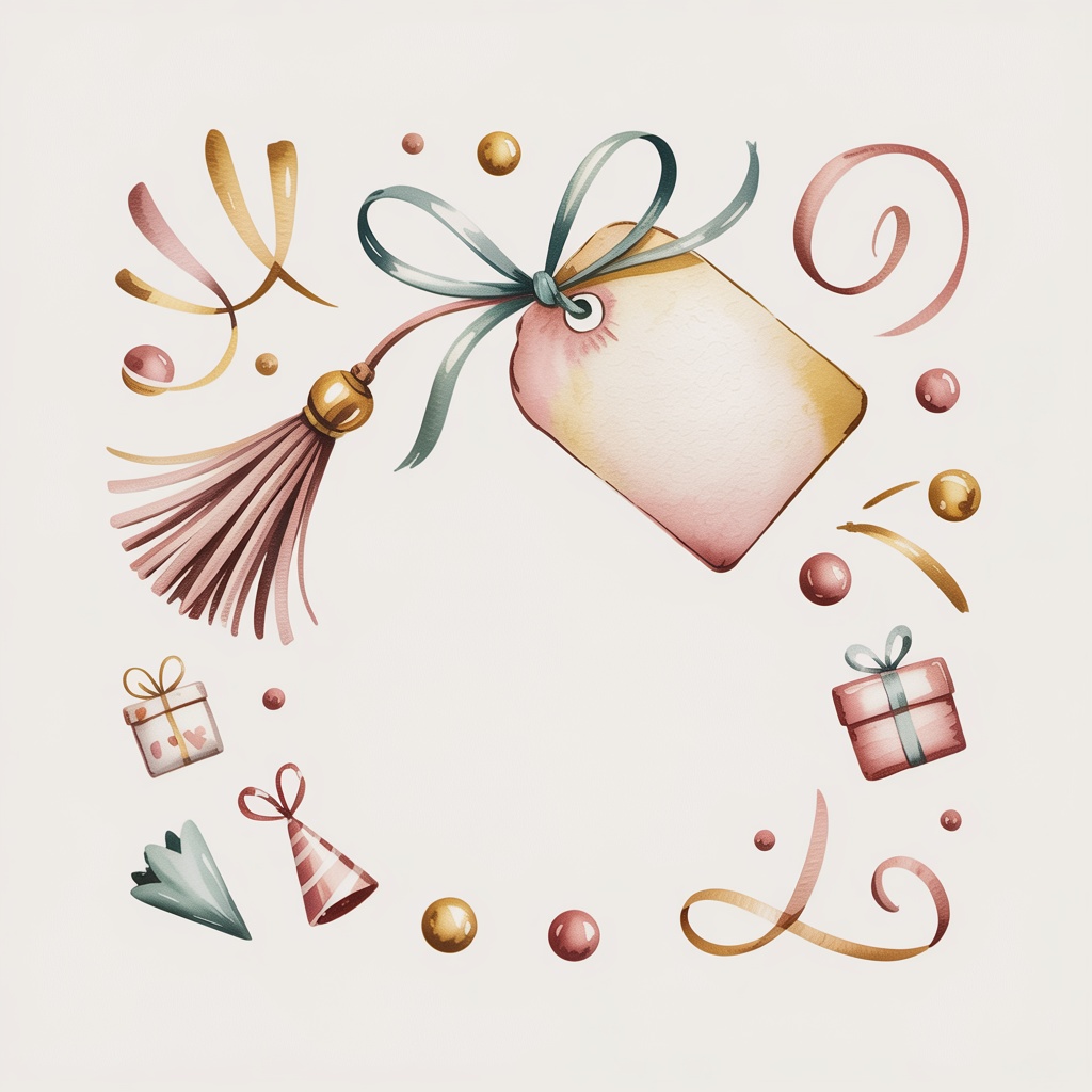 Watercolor illustration of gift finishing touch icons including tassels and tags