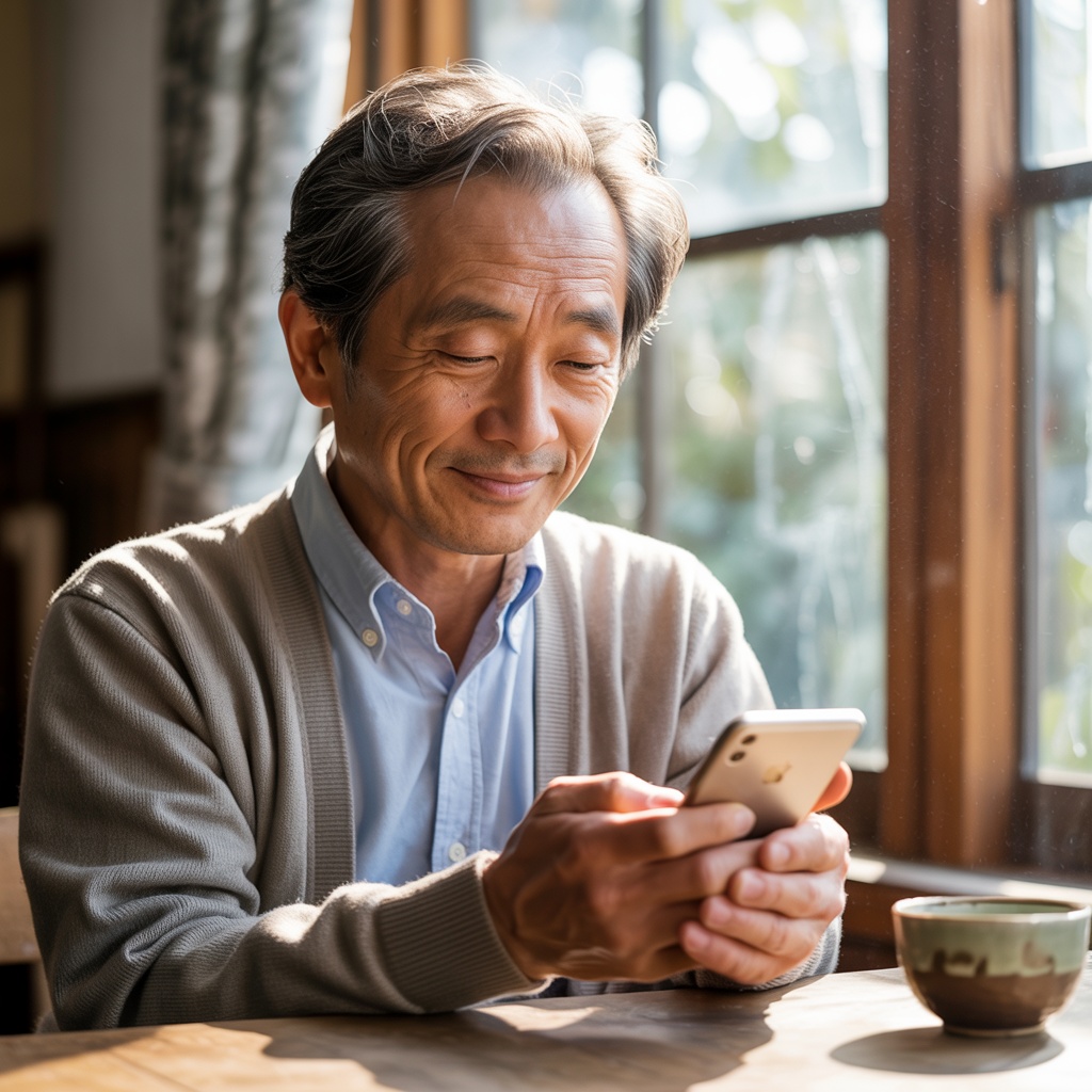 スマホを優しく持つ64歳グランパ