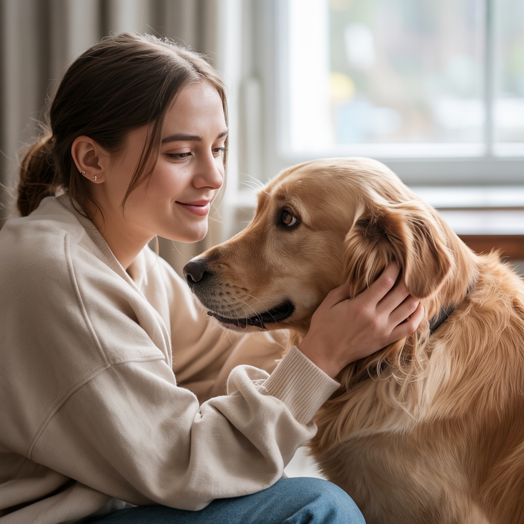 Person and dog making eye contact, showing bonding moment