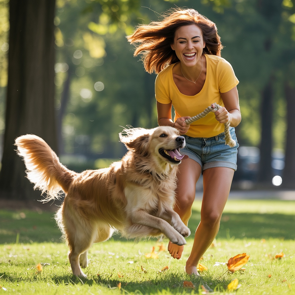 Happy person playing tug-of-war with energetic dog
