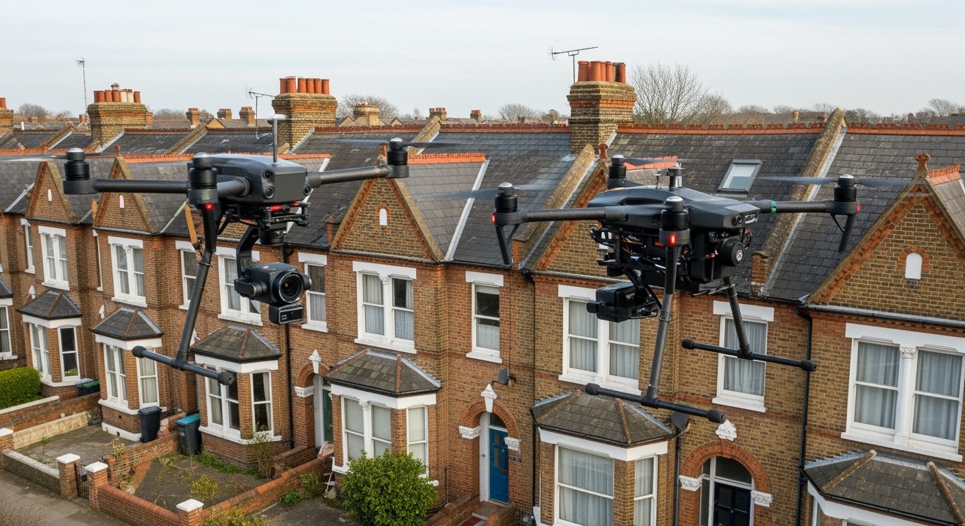 Professional drone conducting property survey over Essex houses