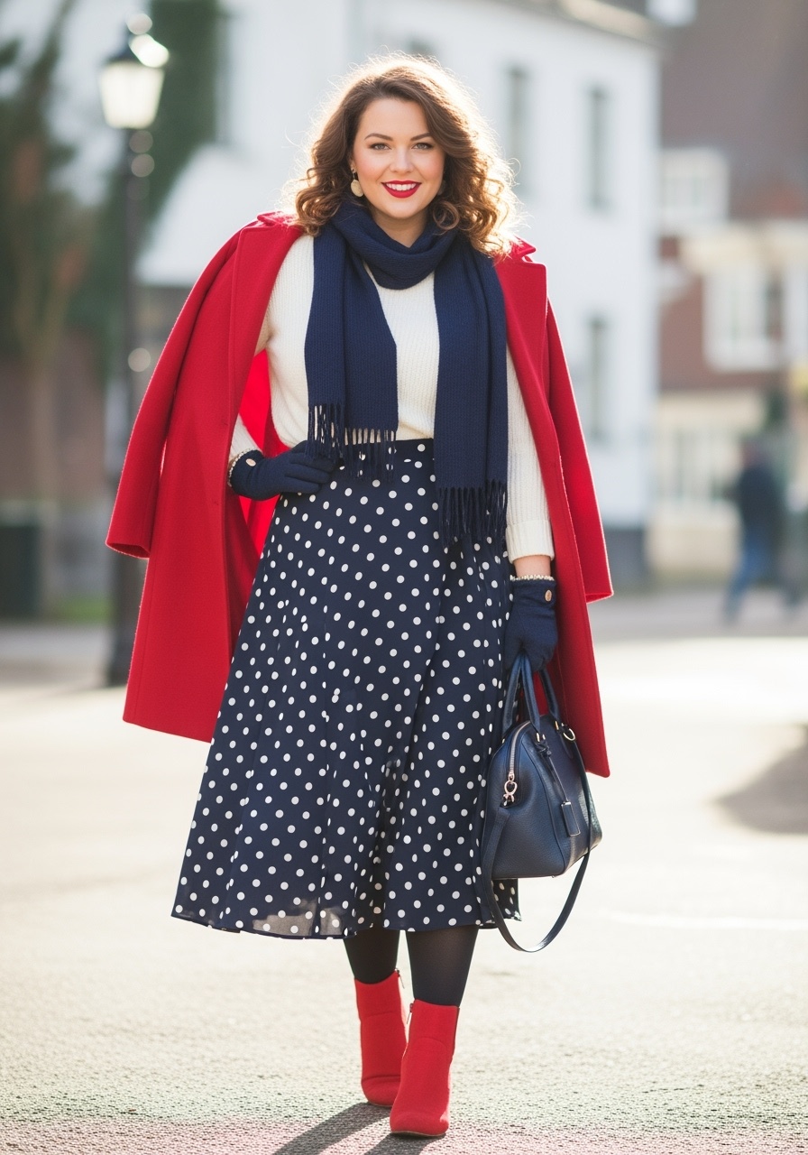 Navy Polka Dot Midi Skirt