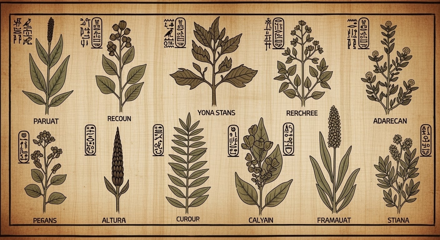 Ancient manuscript showing Yoruba medicinal plants with symbols and hieroglyphics, aged papyrus texture, archeological artifact, sepia tones, soft natural lighting, educational diagram style