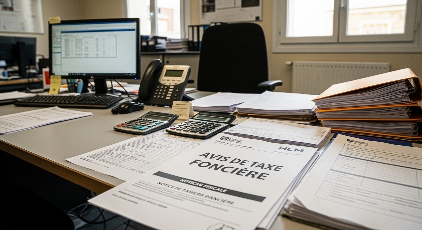 Bureau d'office HLM avec documents fiscaux