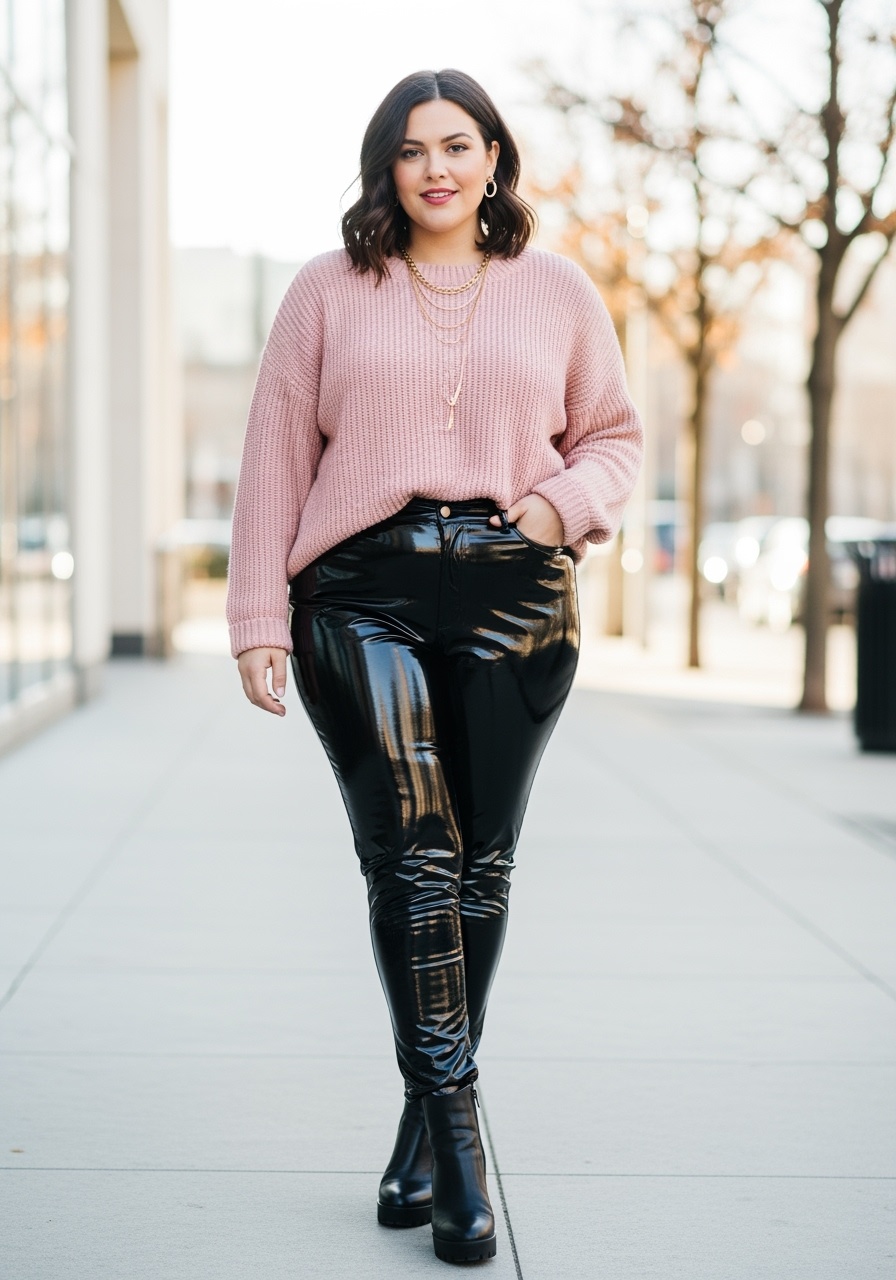 Bold curvy lady in shiny black vinyl pants