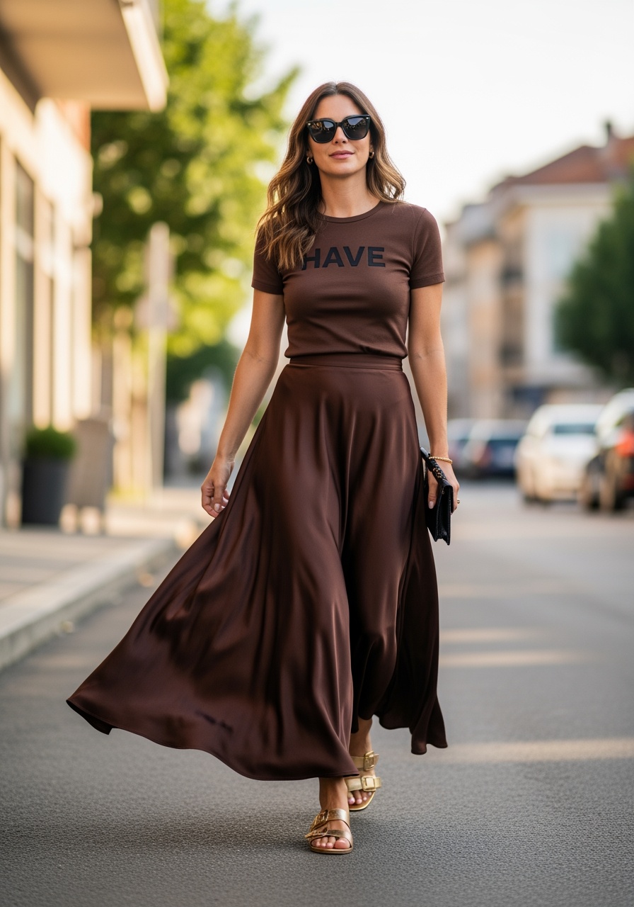 Chocolate Satin Maxi & Brown Logo Tee
