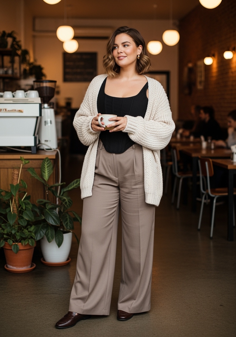 Chic curvy woman in black corset top with knit cardigan