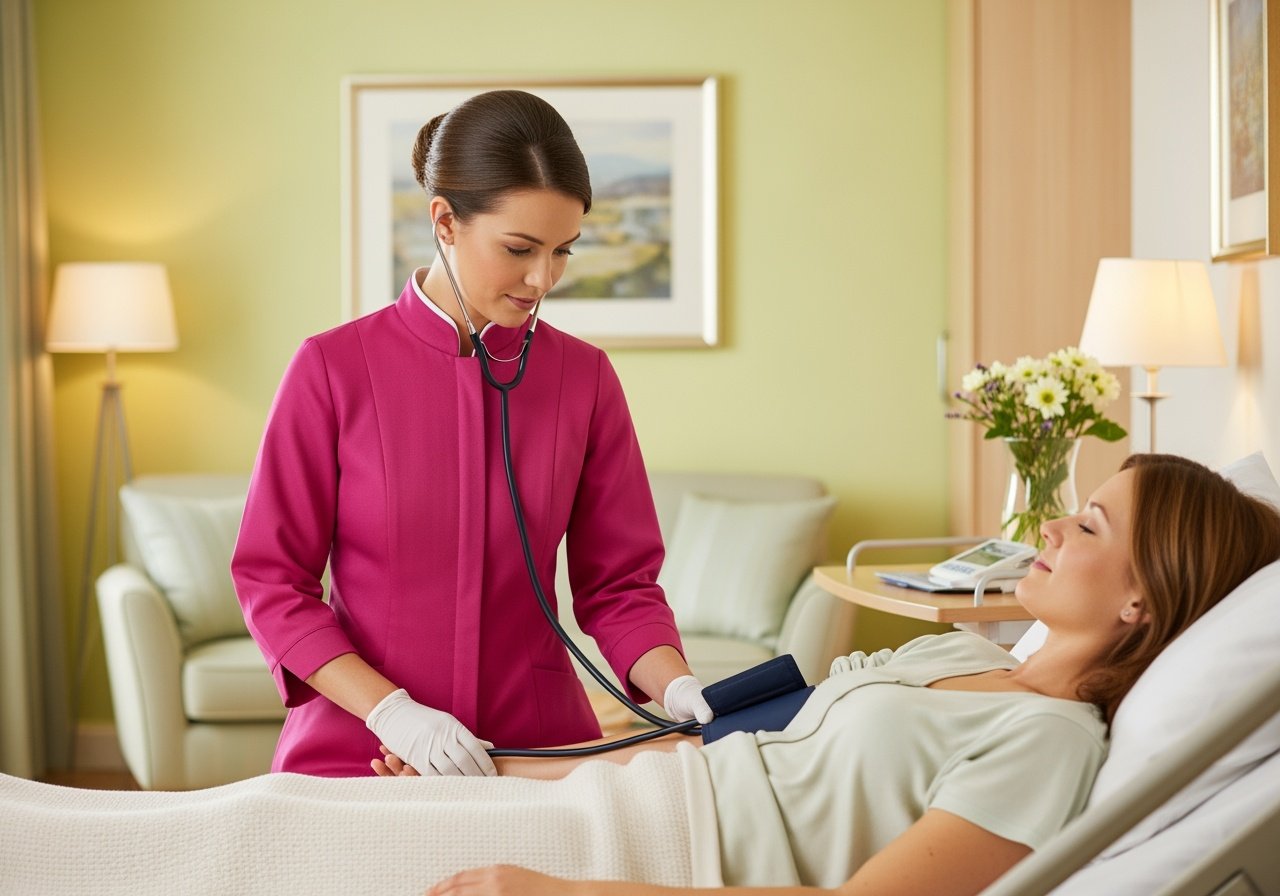 Enfermera con uniforme fucsia tomando presión arterial a paciente en cama