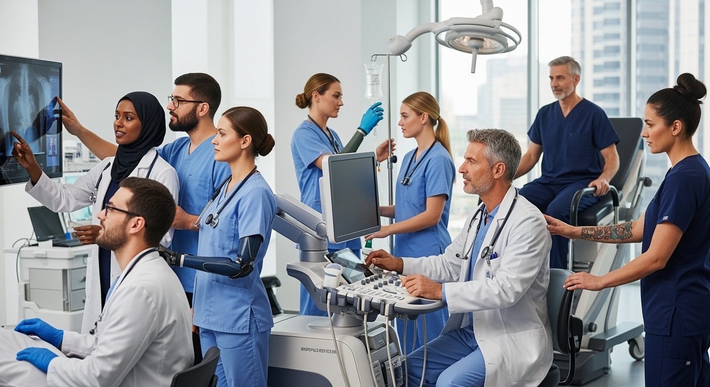 Diverse Healthcare Professionals Using Medical Devices