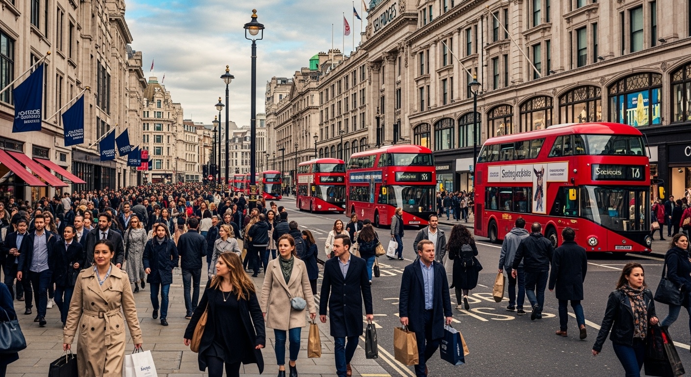 Busy Oxford Street with red buses, diverse shoppers and department stores