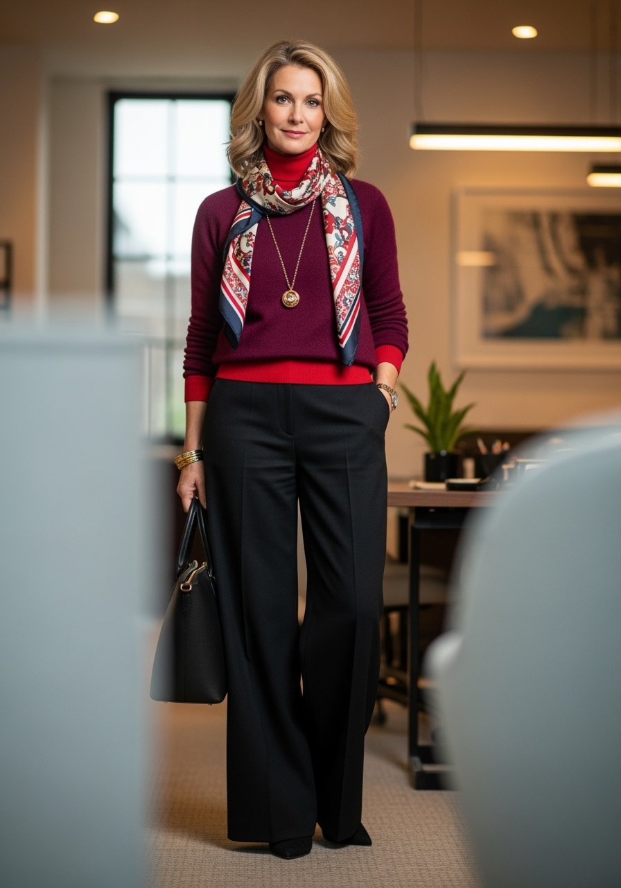 Professional burgundy sweater with silk scarf and structured tote