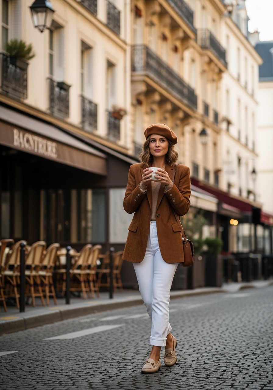Brown suede blazer Parisian chic