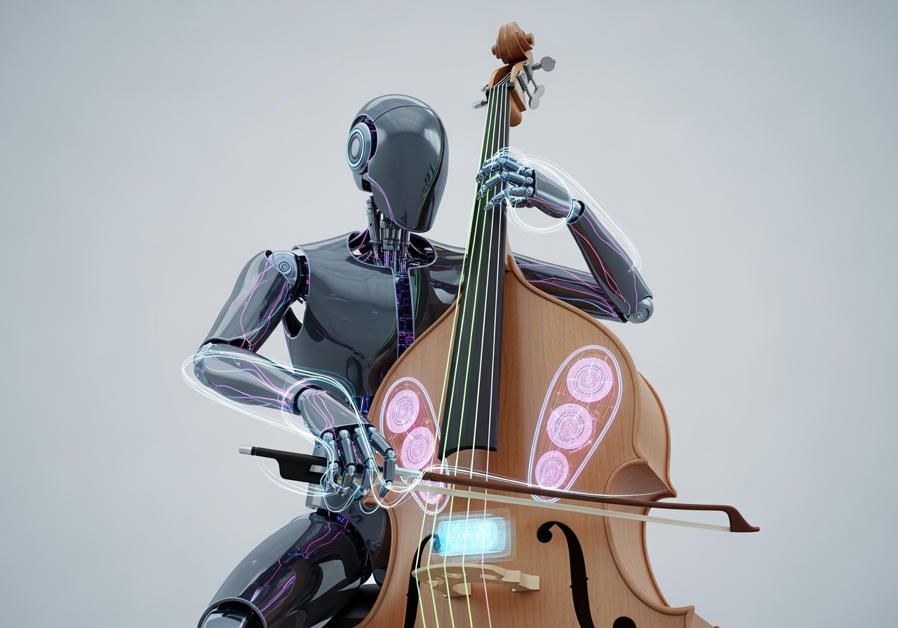 Elegant AI robot playing upright bass with holographic strings that change colors