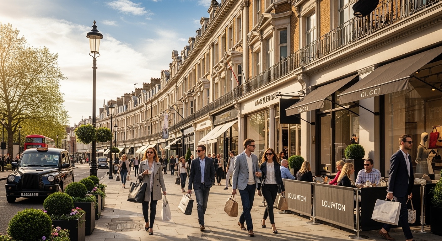 Luxurious Marylebone High Street with boutique stores and Victorian architecture