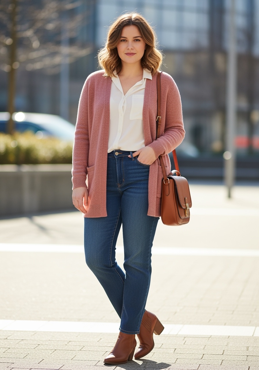 Dusty Rose Cardigan White Shirt Casual Office Style
