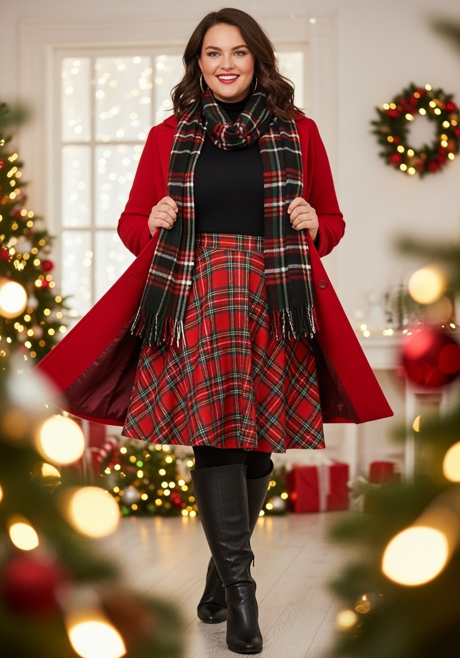 Red and Green Tartan Plaid A-Line Skirt