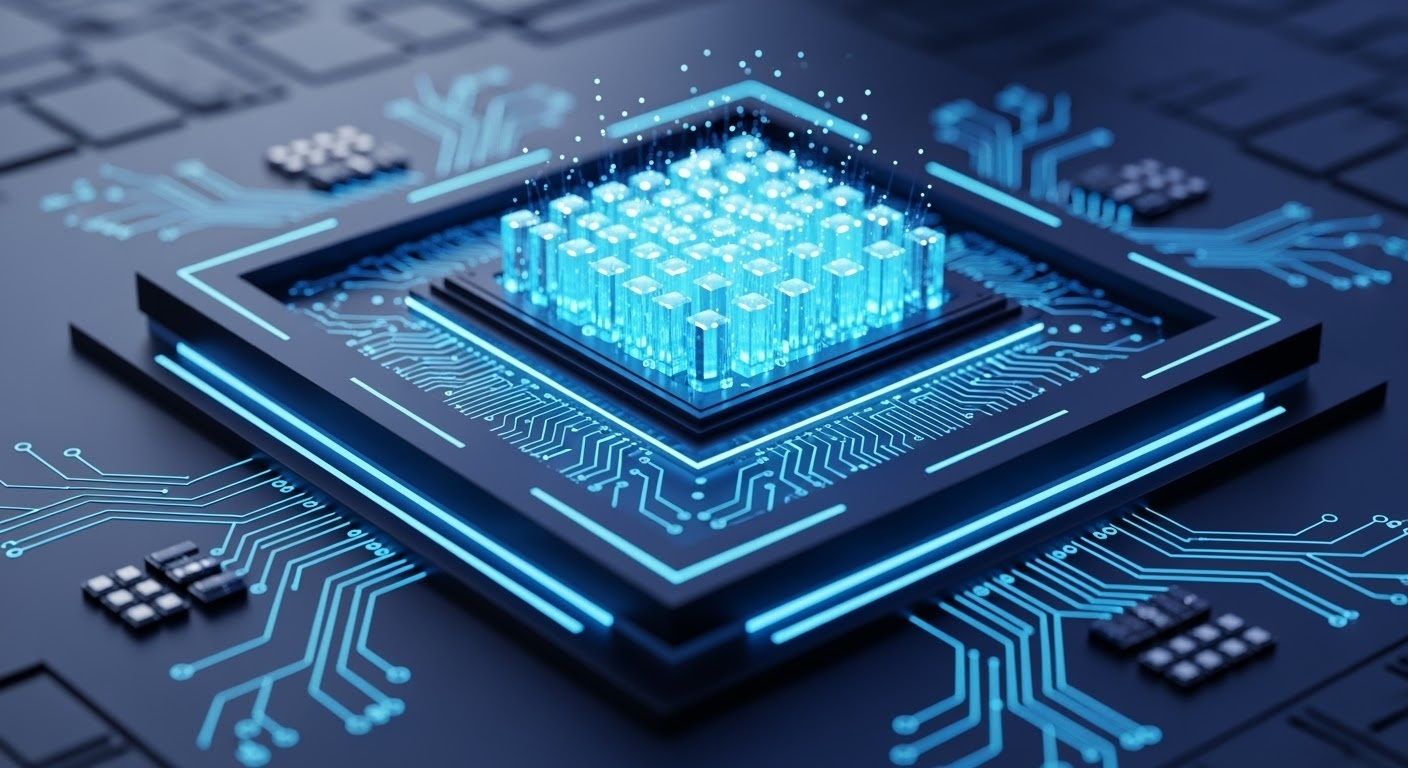 A futuristic quantum computer processor with glowing blue qubits and circuit patterns