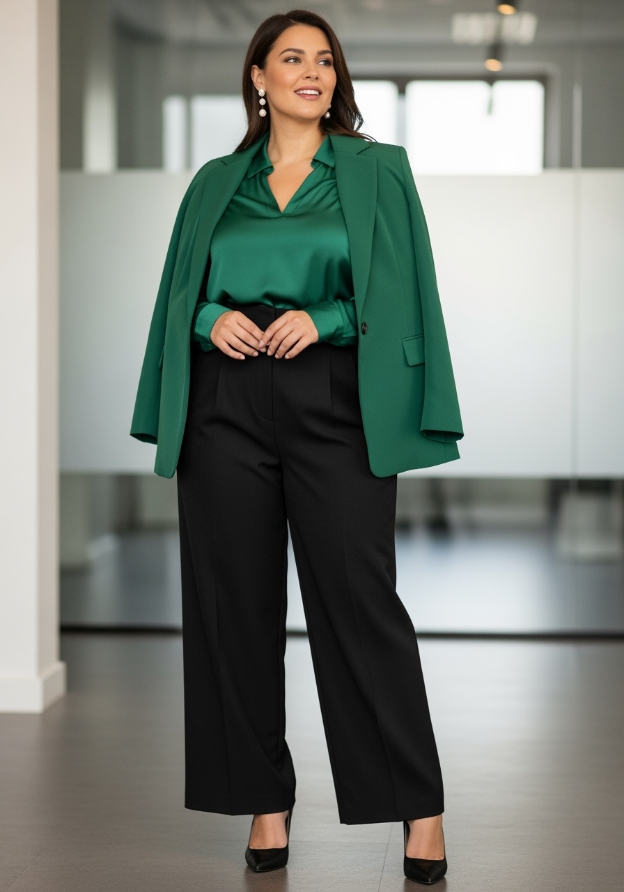 Emerald Green Silk Blouse Office Outfit