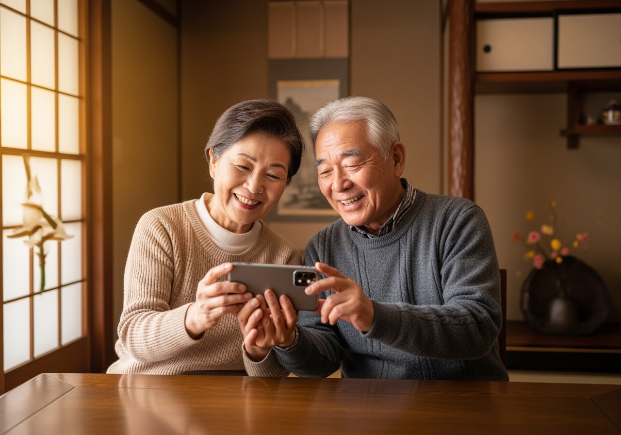 シニア夫婦がスマートフォンを楽しく使っている様子