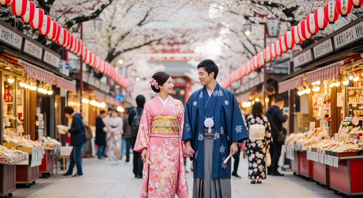Couple in matching kimonos walking through Nakamise street