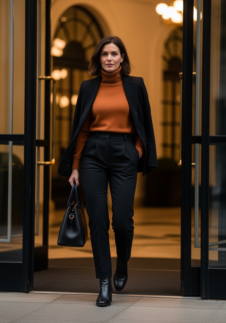 Rust Orange Cashmere Turtleneck Office Outfit