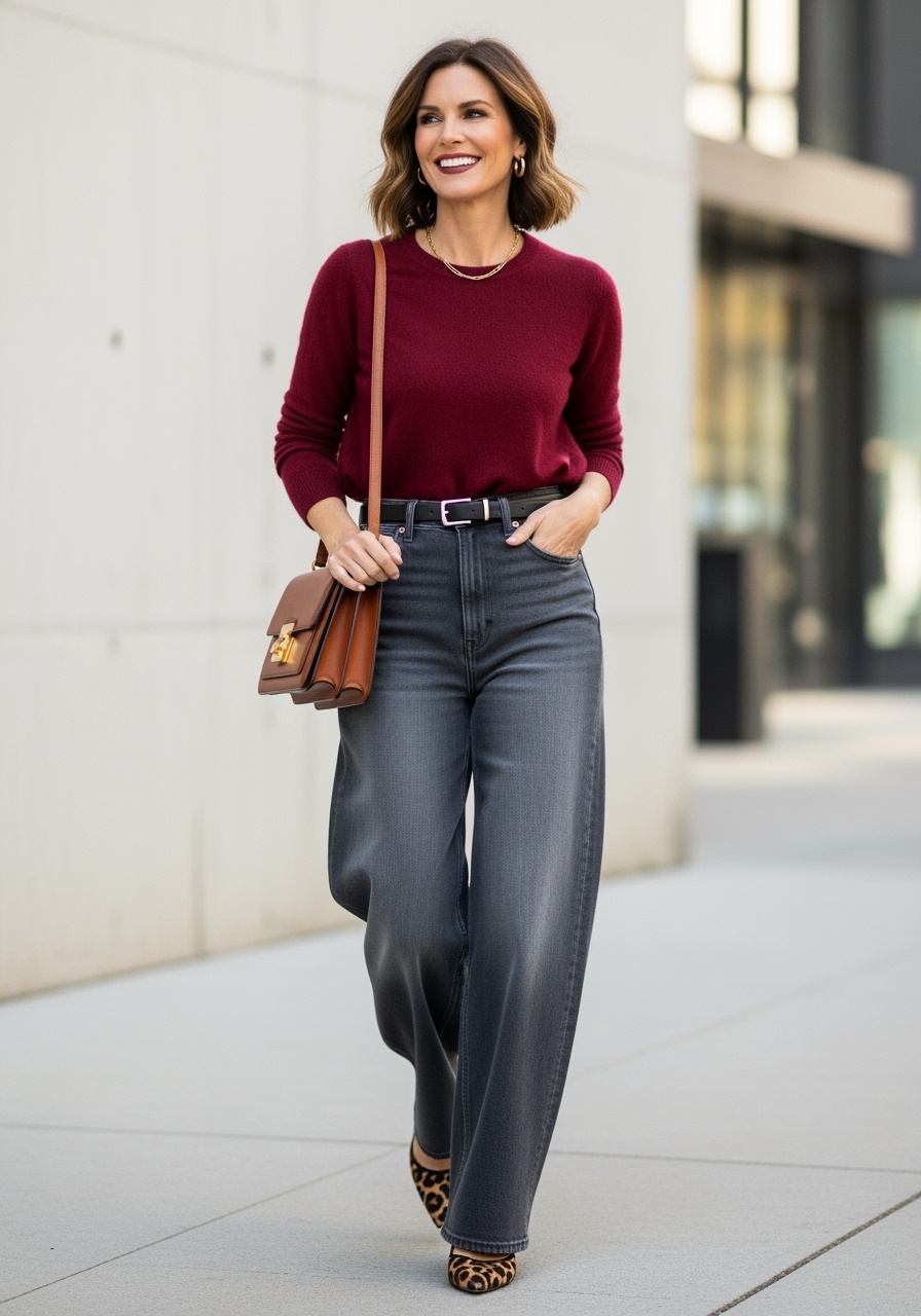 Deep wine-red sweater with charcoal jeans and leopard flats