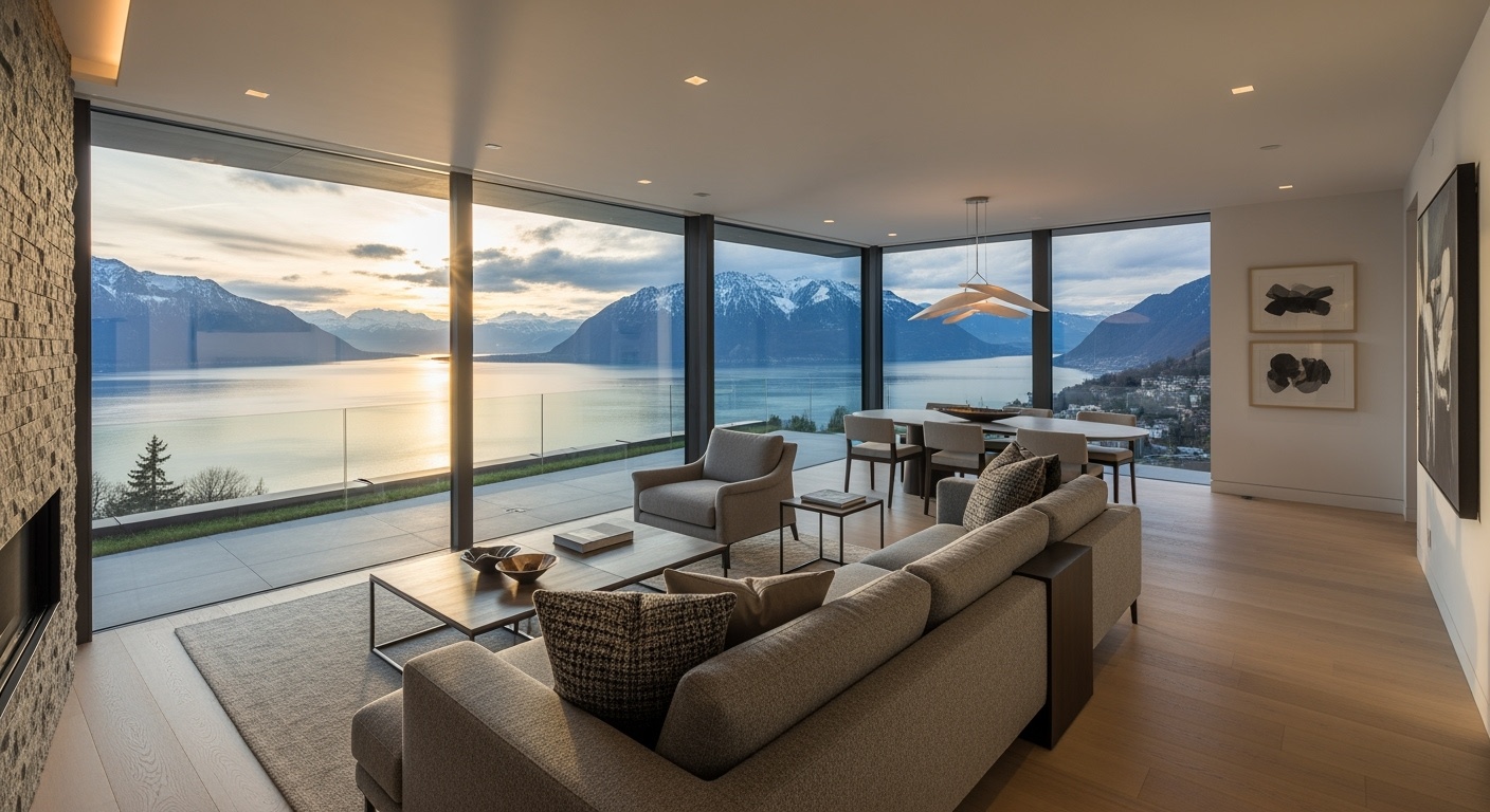 Intérieur moderne de maison surélevée avec vue panoramique