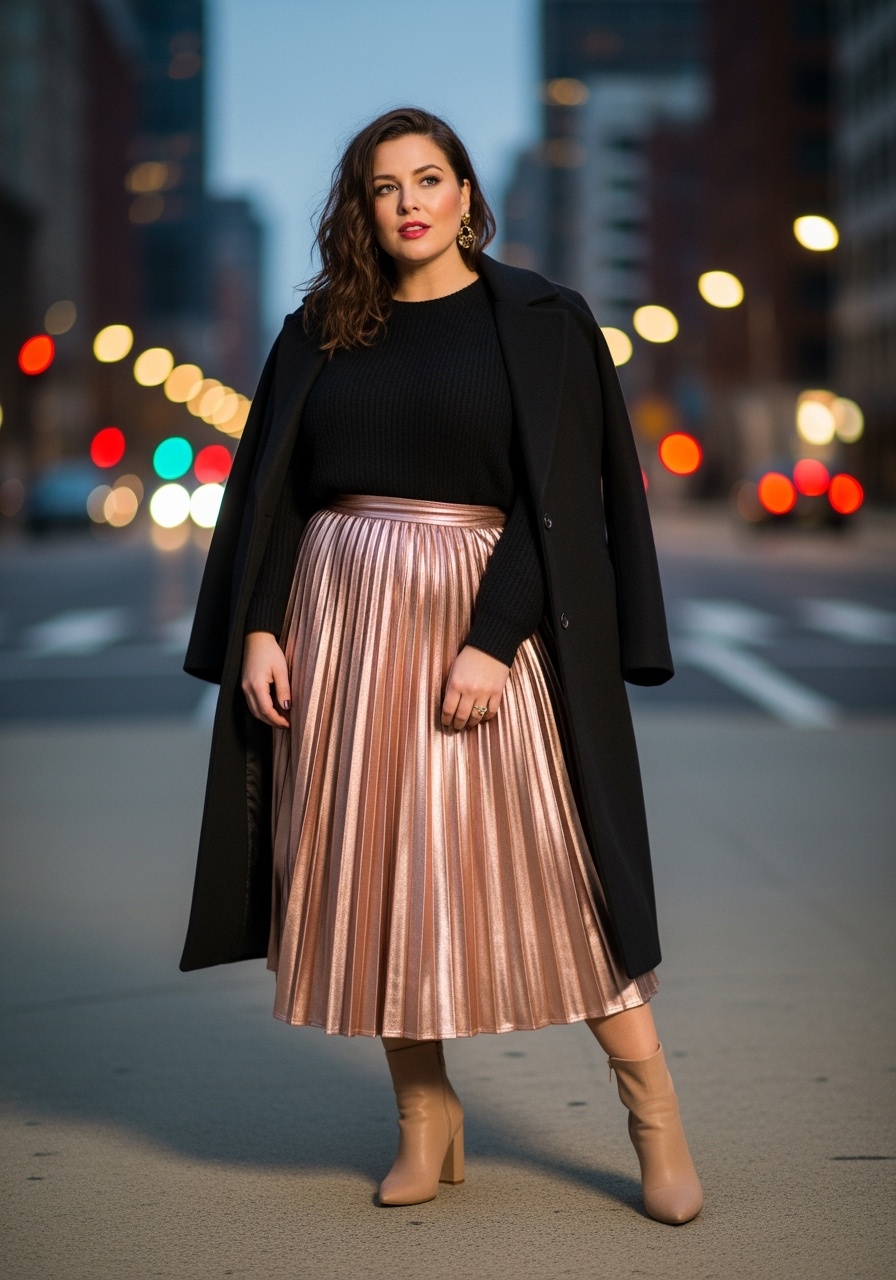 Rose Gold Metallic Pleated Midi Skirt