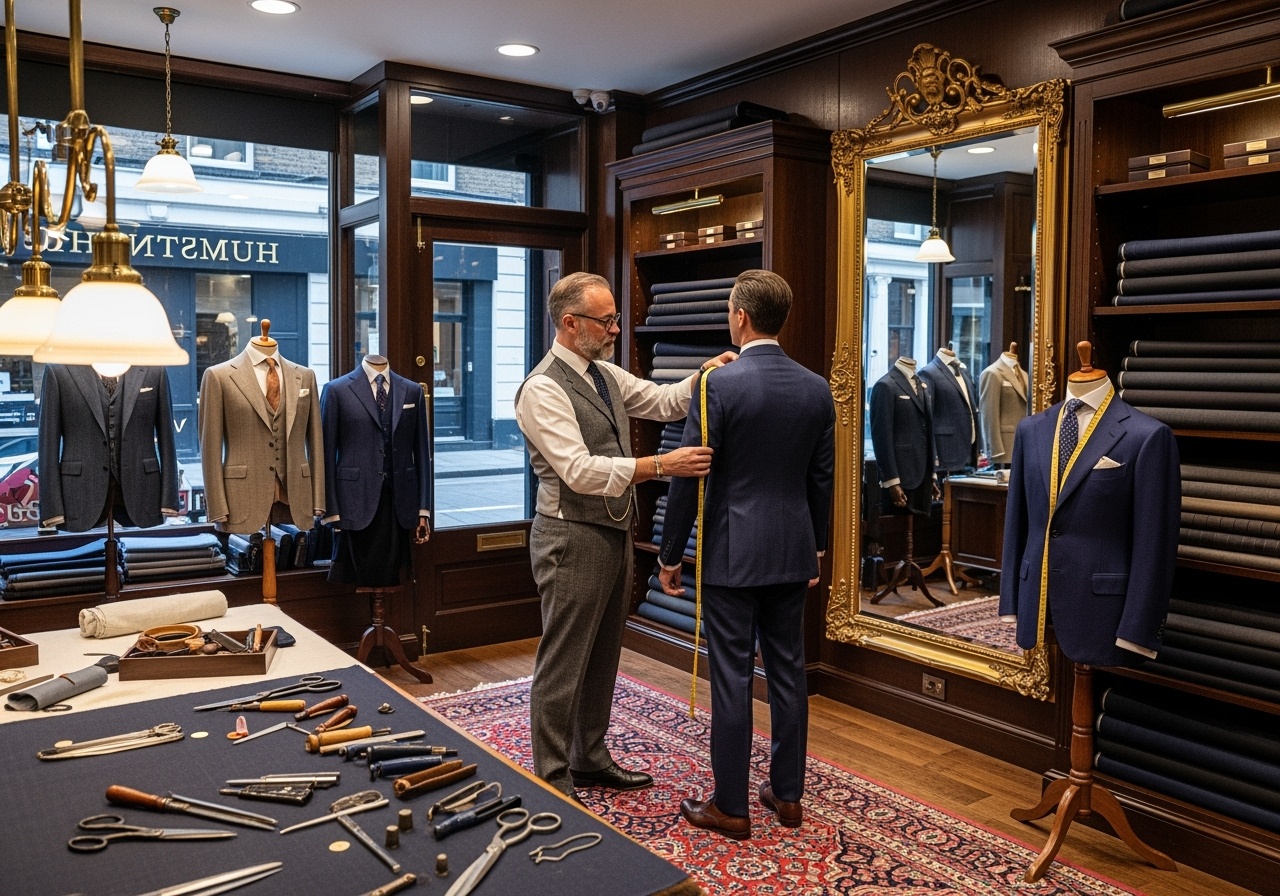 Traditional Savile Row tailor shop with bespoke suits and master craftsman