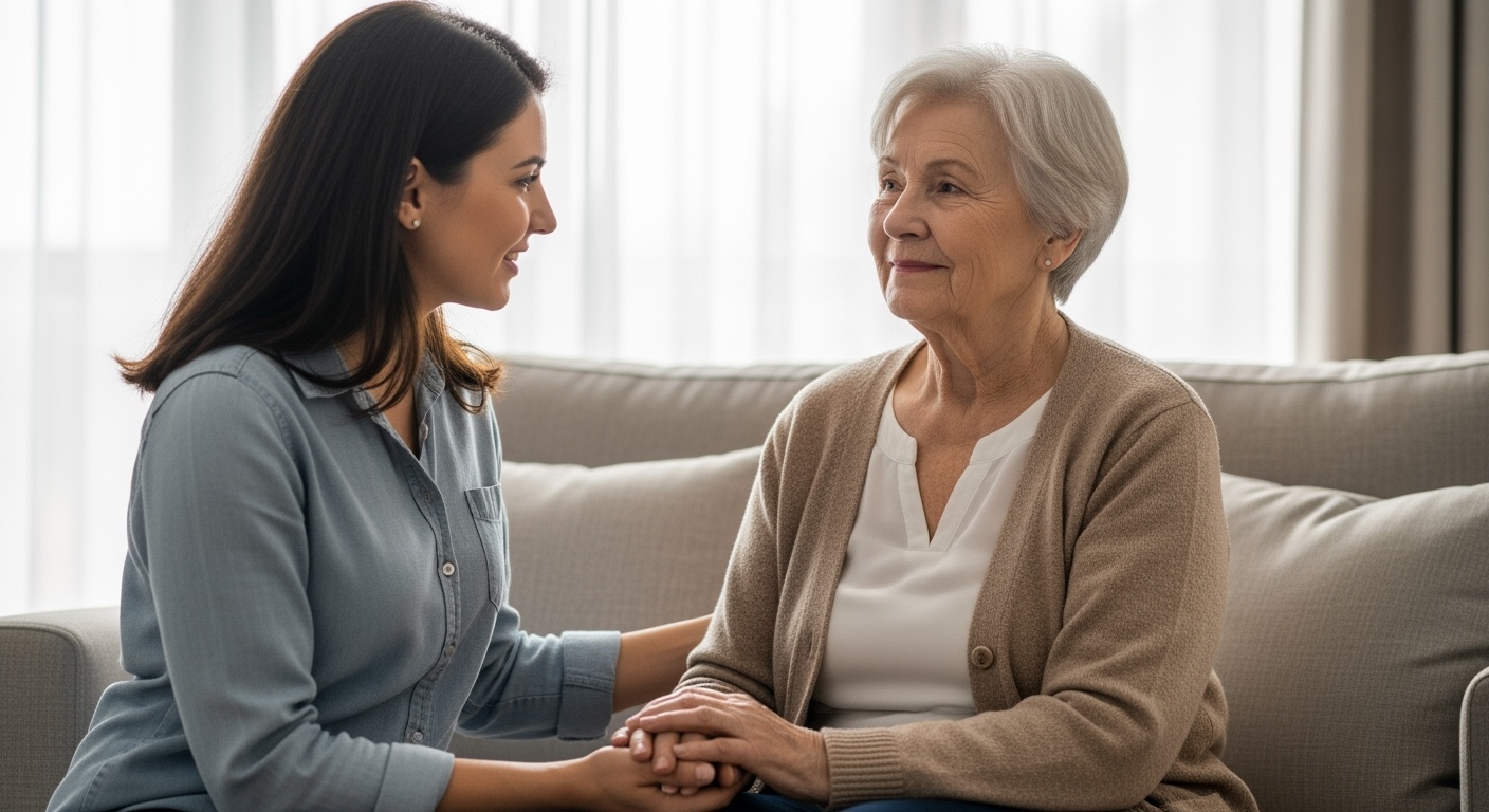 Compassionate moment between elderly woman with Alzheimer's and her caring daughter, showing dignity and connection