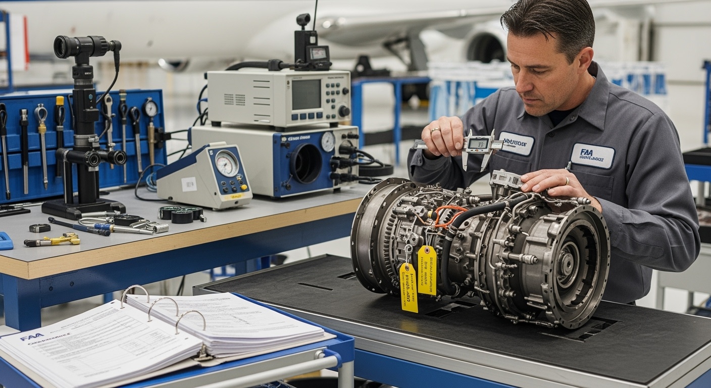 Aviation quality control inspector examining aircraft engine parts with certification tags