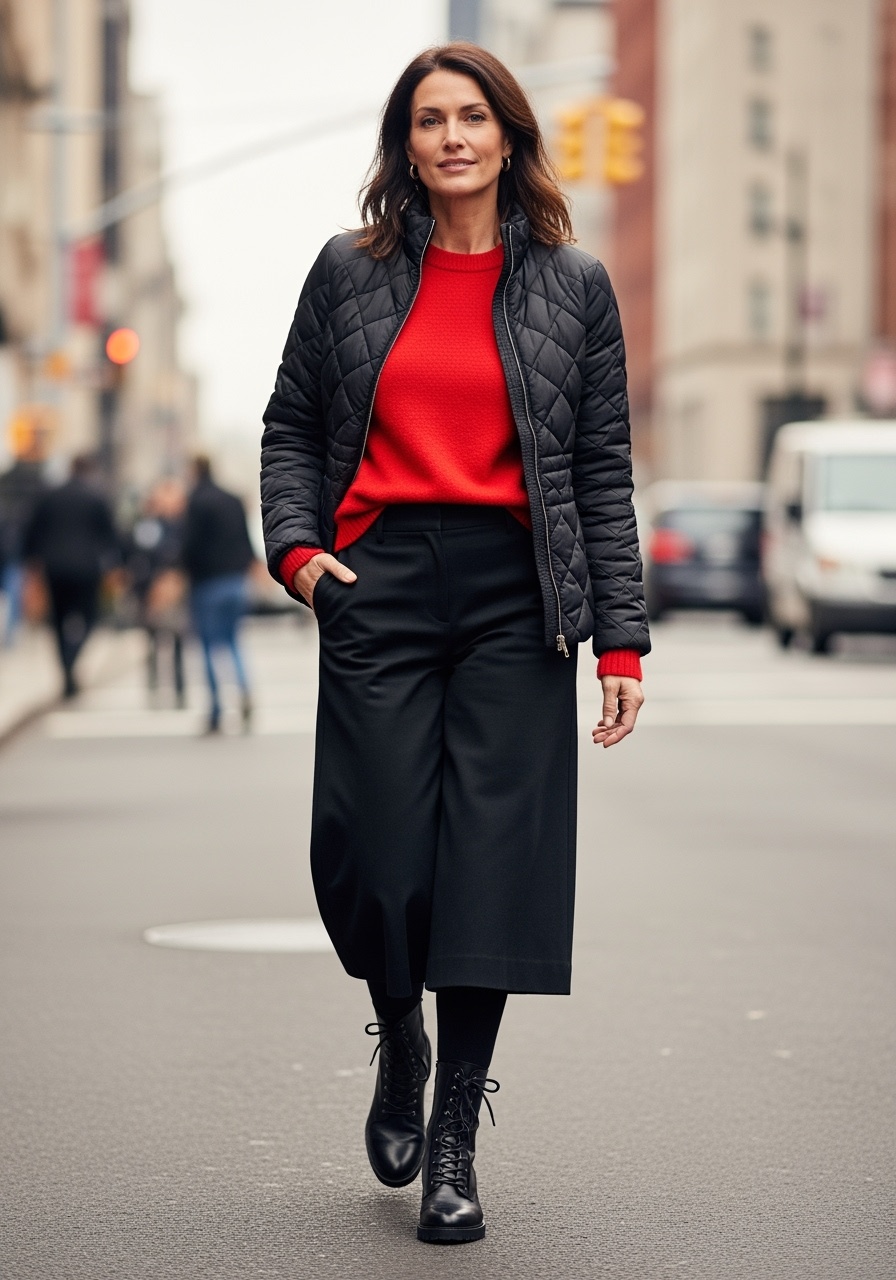 Versatile red sweater with black cropped trousers and puffer