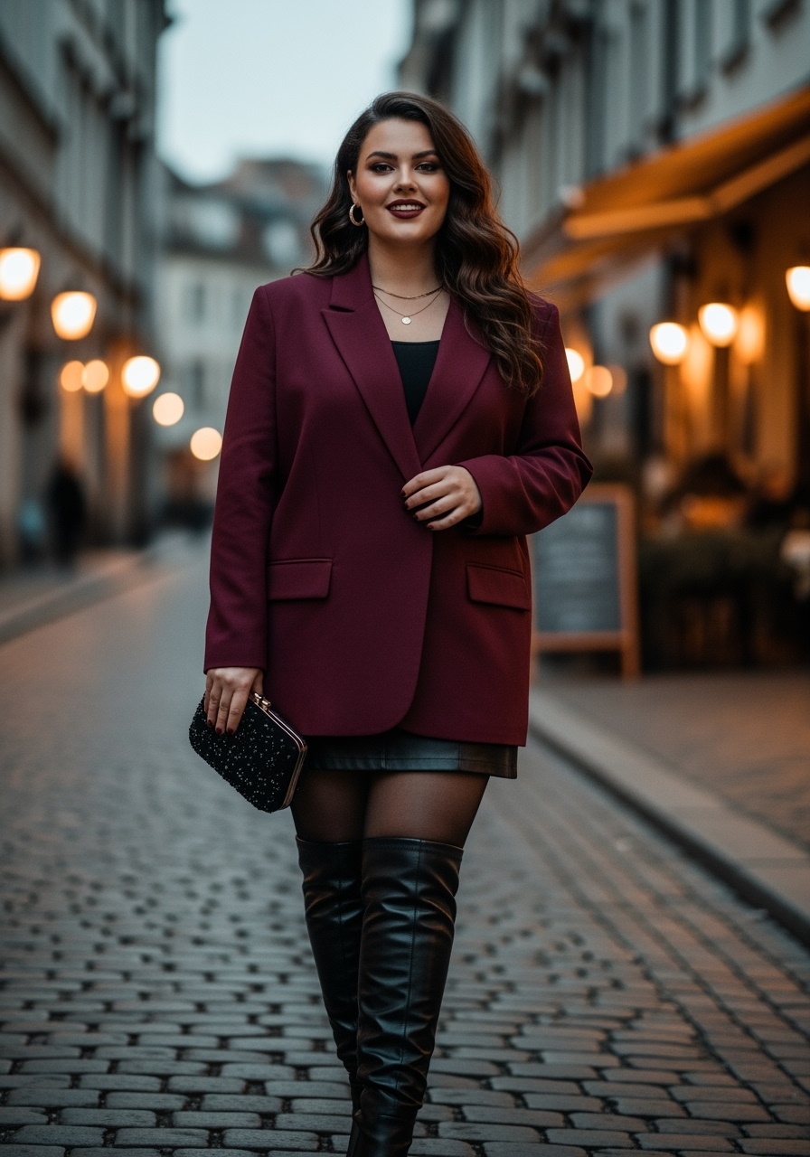 Elegant plus-size woman in burgundy oversized blazer