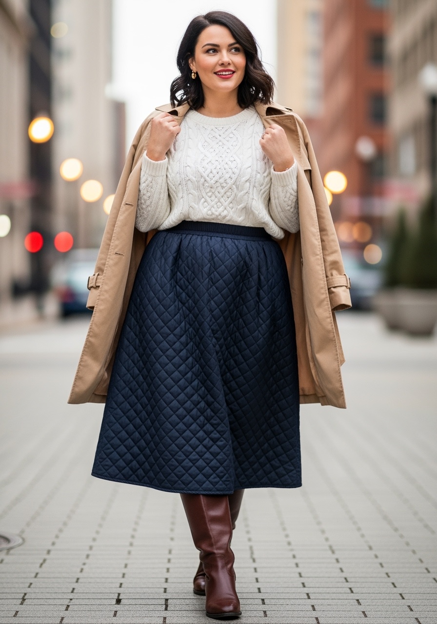 Navy Quilted Midi Skirt