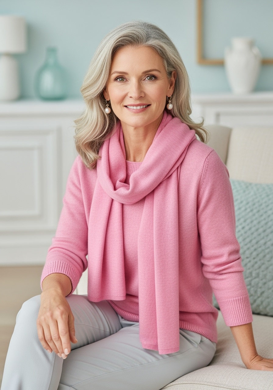 Gentle pink sweater with matching scarf and pearl earrings