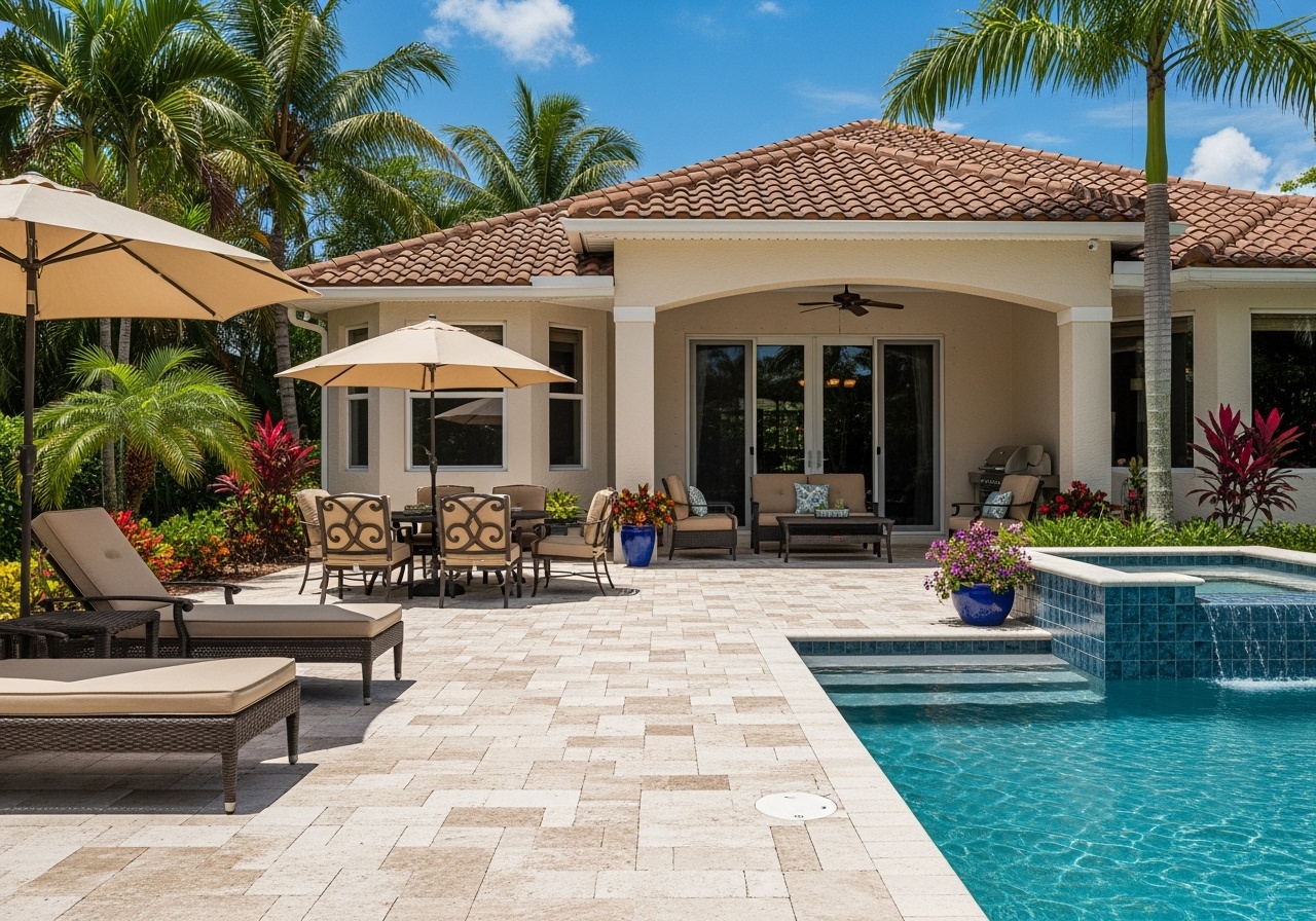 Elegant travertine paver pool deck