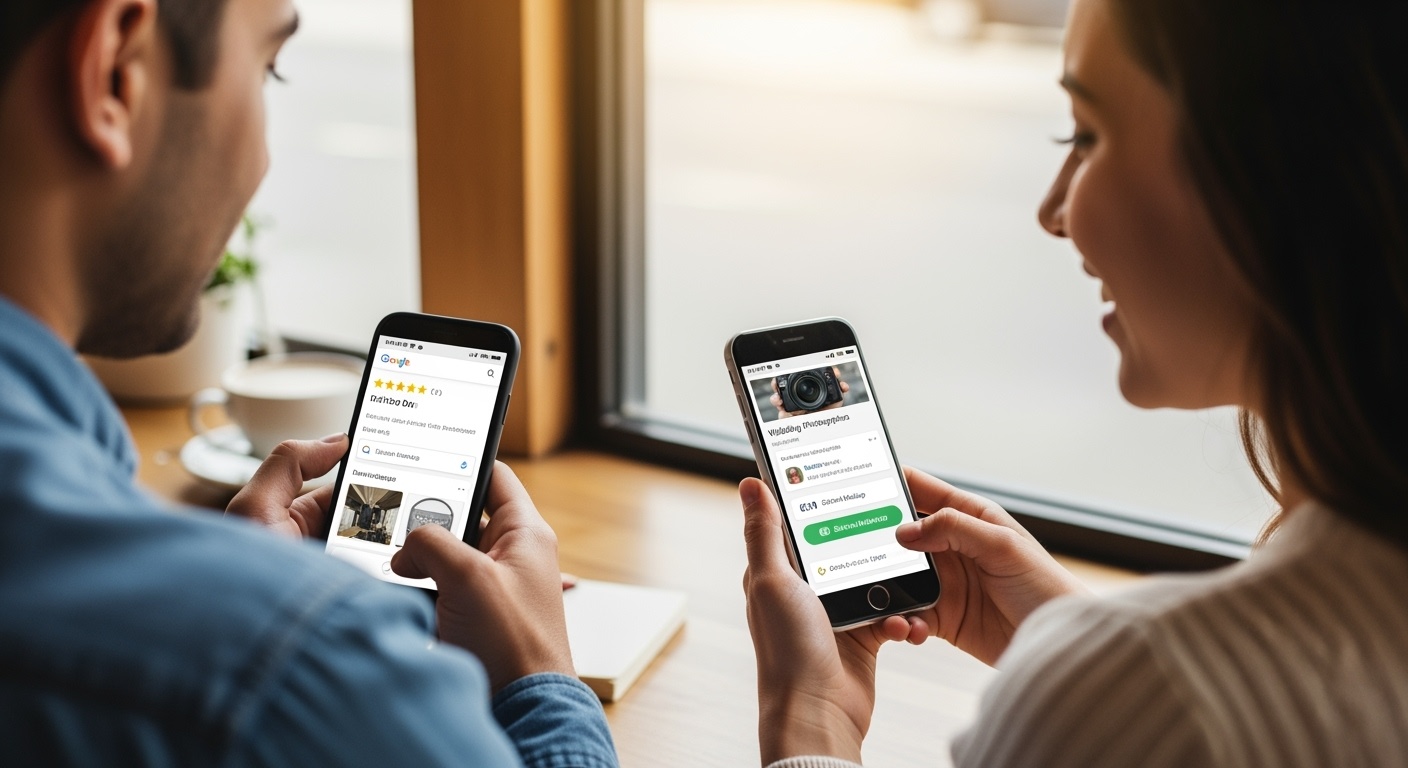 Engaged couple searching for wedding photographers on their phones