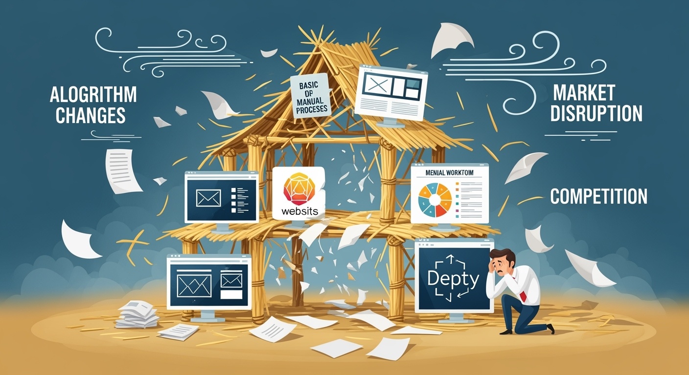 Illustration of fragile straw digital house with basic website elements being blown away by algorithm wind storms and competition