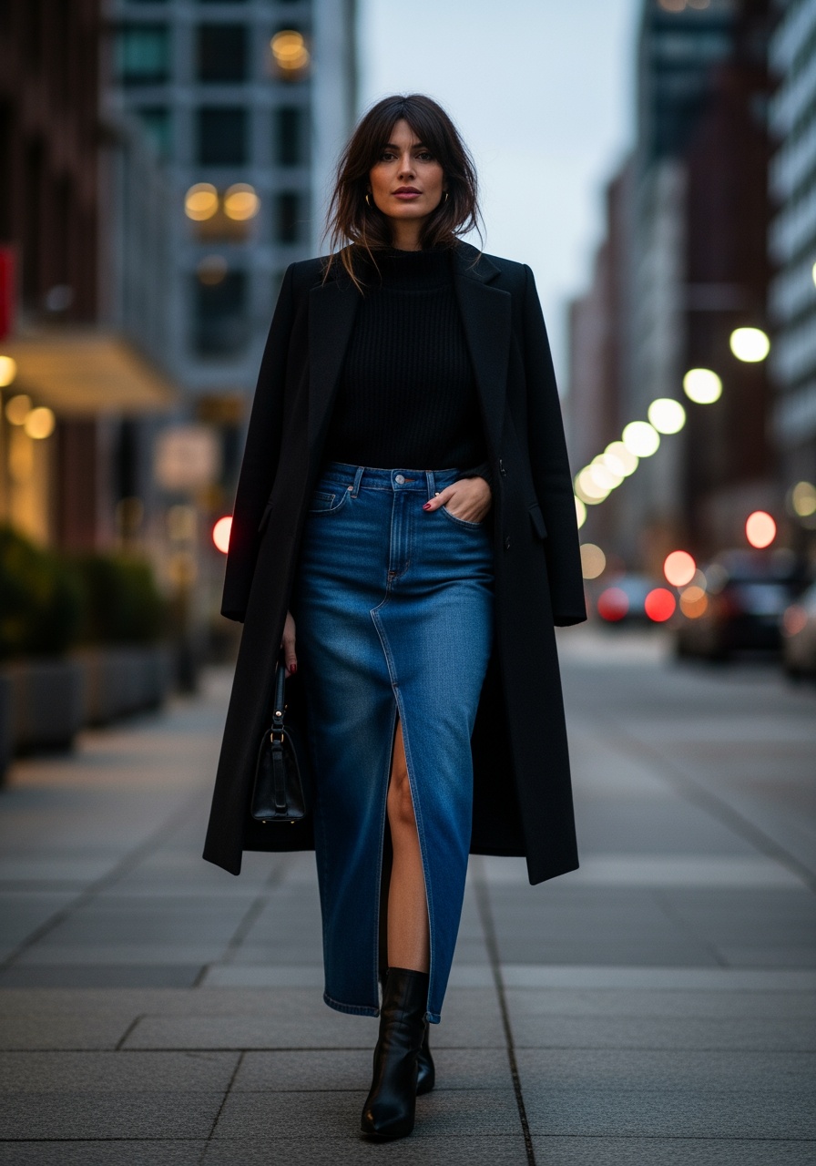 Long Denim Skirt & Black Turtleneck