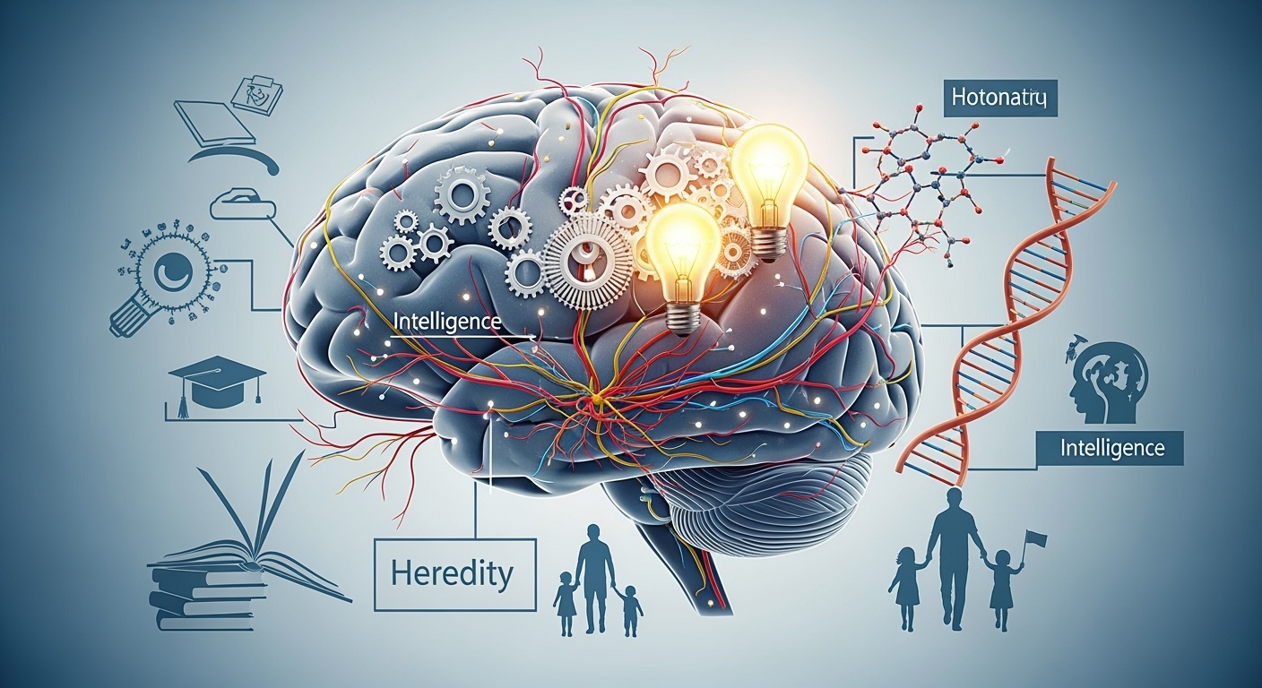 Intelligence concept illustration showing brain with neural networks, DNA, and environmental factors