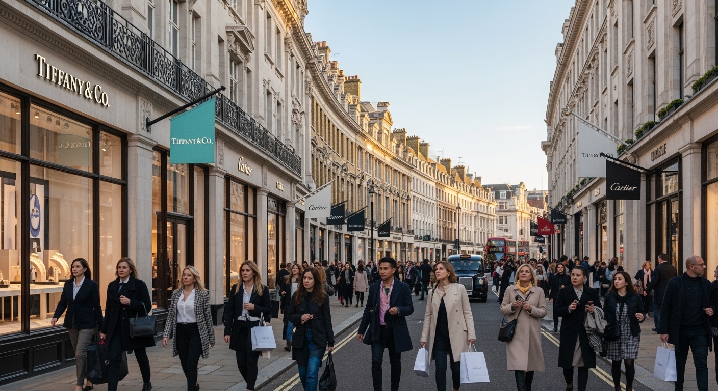 Prestigious Bond Street with luxury flagship stores and elegant shoppers
