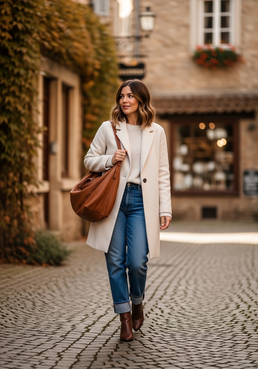 Cream coat with soft knit and blue denim