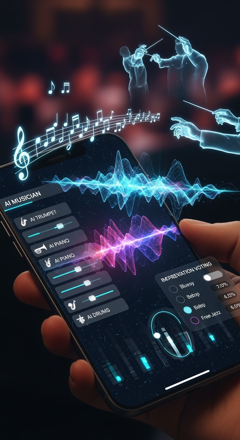 Smartphone displaying advanced AR app interface for controlling AI jazz concerts