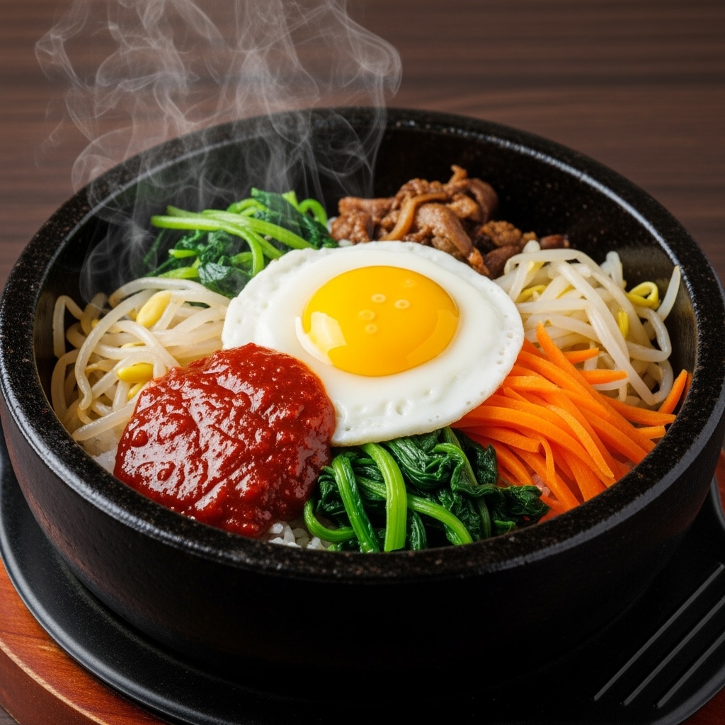 Bibimbap authentique dans bol en pierre chaude