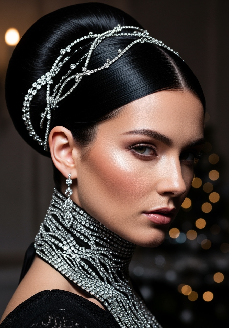 Sleek Black Hair with Silver Accessories
