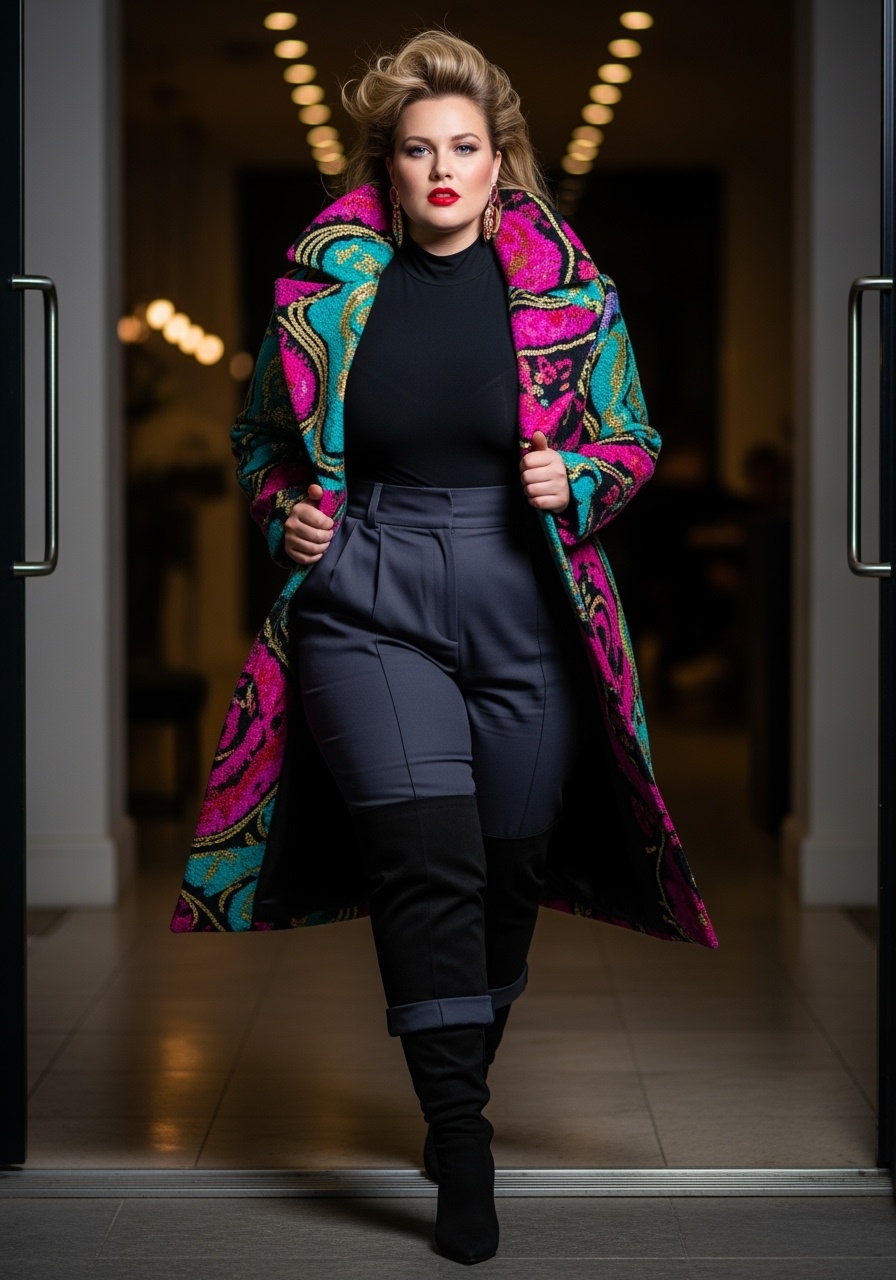 Statement-making curvy woman in bold patterned coat