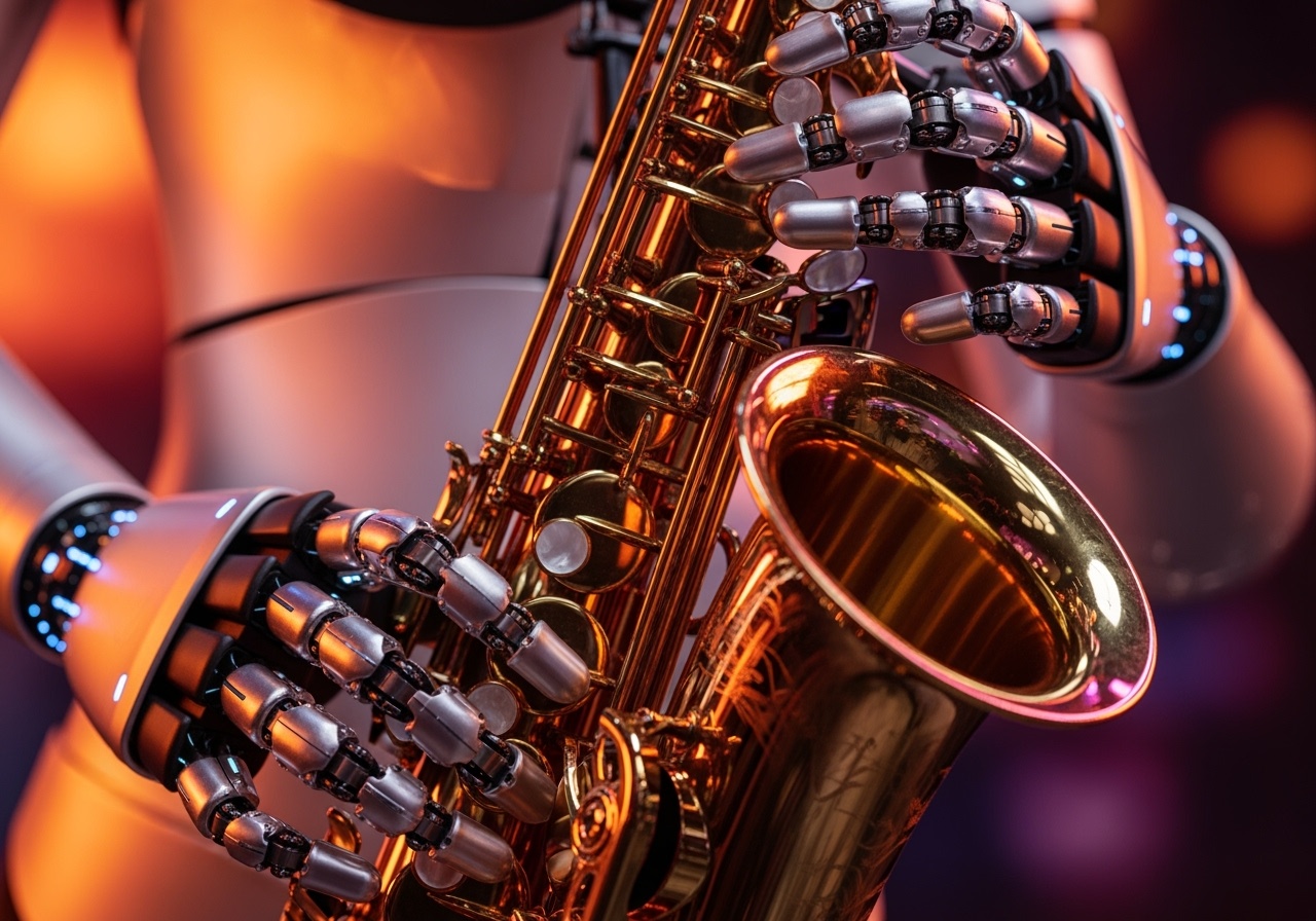 AI robot saxophone player with mechanical hands playing jazz saxophone in futuristic concert setting