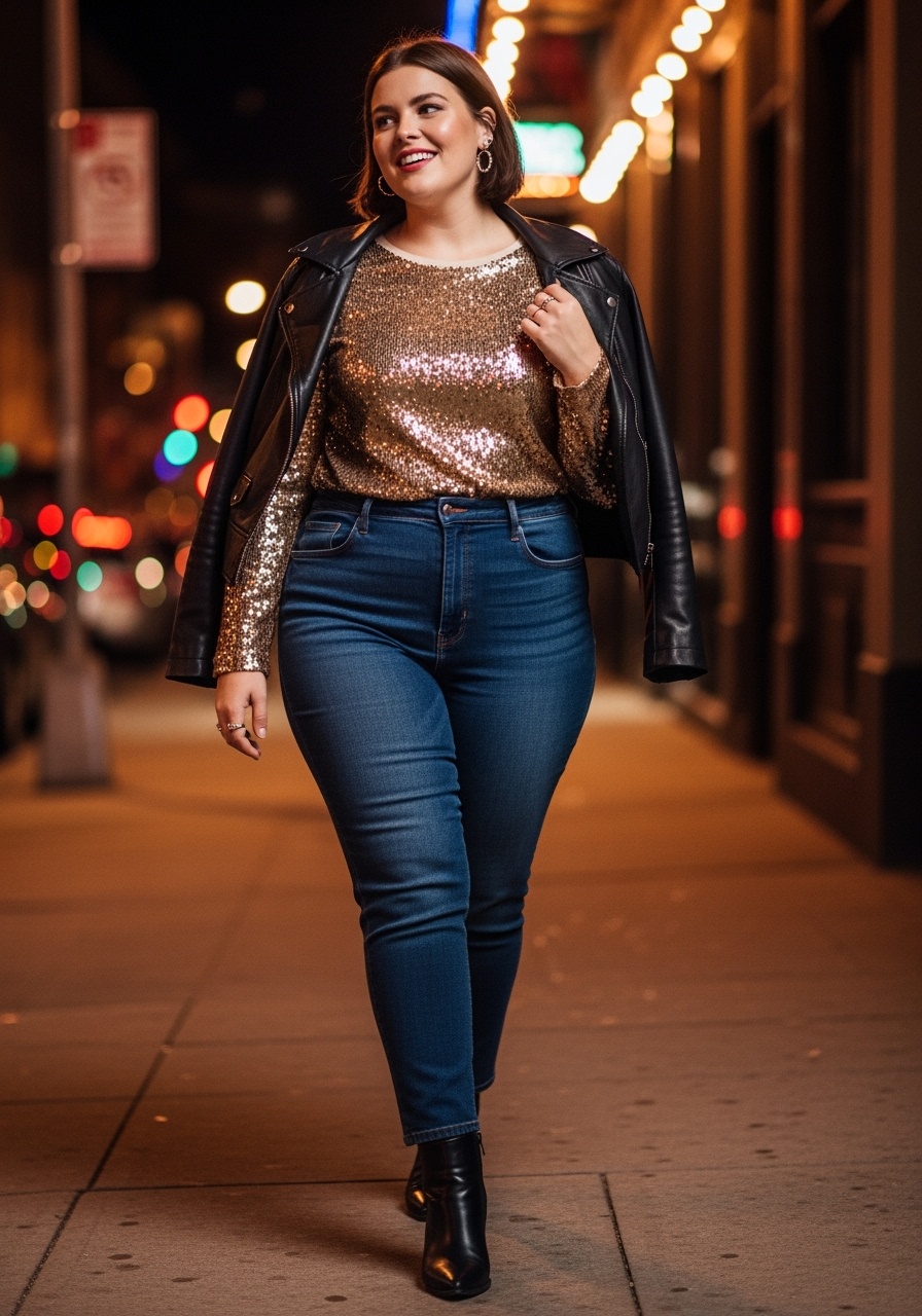 Sparkling plus-size woman in gold sequin top