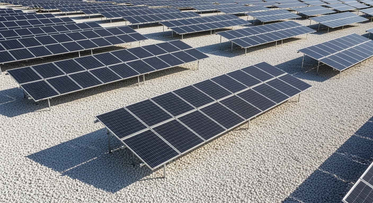 Panneaux photovoltaïques bifaciaux sur gravier blanc réfléchissant