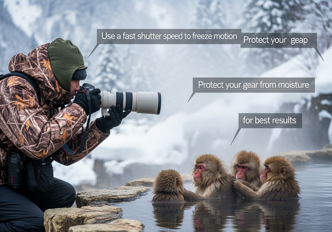 Professional photographer taking pictures of snow monkeys with telephoto lens